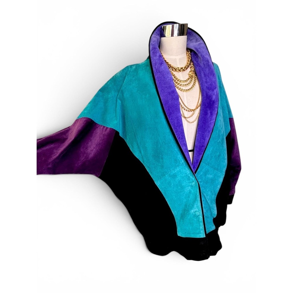 Rare Vintage Mary Hoffman Black, Teal, Purple Suede Color Block Suede Jacket M - Picture 7 of 11